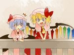  2girls :d ascot bad_id bad_pixiv_id blonde_hair bow brooch comic fang flandre_scarlet hair_bow hammer_(sunset_beach) hat jewelry large_bow lavender_hair multiple_girls open_mouth remilia_scarlet short_hair siblings side_ponytail silent_comic sisters smile surprised touhou wings wrist_cuffs 