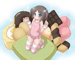  bad_id bad_pixiv_id blue_eyes brown_hair cake checkerboard_cookie chocolate chocolate_bar cookie doughnut flat_chest food kneeling original pink_legwear pink_swimsuit short_hair solo spoon striped striped_legwear suizenji_juuzou swimsuit thighhighs twintails 