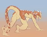  anus balls bent_over butt drazil gradient_background green_eyes harlem larvitar_(artist) lizard male nude perineum presenting presenting_hindquarters raised_tail reptile scalie solo spikes tail tan_skin thorny_devil tongue 