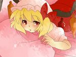  bad_id bad_pixiv_id blonde_hair bow comic flandre_scarlet hair_bow hammer_(sunset_beach) hat lying on_stomach pillow red_eyes short_hair side_ponytail silent_comic solo touhou wings 
