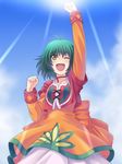  ;d antenna_hair arm_up back_bow bad_id bad_pixiv_id bow choker clenched_hands cropped_jacket day dress farah_oersted green_hair happy messy_hair one_eye_closed open_mouth orange_dress raised_fist red_choker shiwasuzuki short_hair sky smile solo sunlight tales_of_(series) tales_of_eternia 