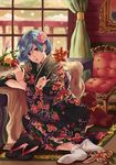  bad_id bad_pixiv_id blue_hair curtains flower hair_flower hair_ornament japanese_clothes kimono original red_eyes short_hair skoooon solo 