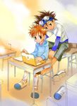  bare_feet barefoot brown_eyes brown_hair chair classroom computer desk digimon digimon_adventure goggles hand_on_head hood hoodie izumi_koushirou laptop male male_focus multiple_boys orange_hair school schoolboy sitting smile student taichi_yagami yagami_taichi yaoi 