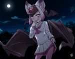  1girl :d animal_ear_fluff ascot bat_wings black_hair commentary_request common_vampire_bat_(kemono_friends) fang full_moon gradient_hair hand_to_own_mouth head_wings kasugai_isoya kemono_friends lifted_by_self long_sleeves looking_at_viewer moon multicolored_hair night open_mouth outdoors pantyhose pink_hair pink_legwear pink_neckwear pleated_skirt purple_eyes sailor_collar shirt short_hair skirt skirt_lift smile solo underskirt white_hair white_sailor_collar white_shirt white_skirt wings 