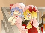  arm_rest ascot bad_id bad_pixiv_id blonde_hair blush bow chin_rest closed_eyes comic flandre_scarlet hair_bow hammer_(sunset_beach) hands_on_own_face hat large_bow lavender_hair multiple_girls open_mouth remilia_scarlet short_hair siblings side_ponytail silent_comic sisters staring touhou wings wrist_cuffs 
