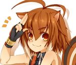  :3 animal_ears antenna_hair artist_request blazblue brown_eyes brown_hair face fingerless_gloves gloves lowres makoto_nanaya portrait salute solo squirrel_ears squirrel_tail tail 