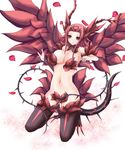  akina_t bare_shoulders black_rose_dragon blue_eyes blush breasts censored cleavage convenient_censoring dragon_girl duel_monster fusion highres horns izayoi_aki kneeling large_breasts monster_girl navel petals red_hair solo tail thighhighs thorns wings yuu-gi-ou yuu-gi-ou_5d's 