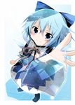  blue blue_eyes blue_hair bow cirno dress from_above hair_bow hakobako ice outstretched_hand ribbon shoes short_hair smile solo touhou wings 