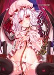  bat_wings black_legwear blue_hair blush bow bow_panties collar cum cum_on_body cum_on_lower_body cum_on_stomach lace lace-trimmed_panties lace-trimmed_thighhighs leash nail_polish navel no_pants panties red_eyes remilia_scarlet saliva shiokonbu shirt_lift short_hair sitting solo spread_legs thighhighs touhou underwear wings 