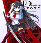  7th_dragon 7th_dragon_(series) 7th_dragon_2020 asamura_hiori black_hair blue_eyes breasts gauntlets katana kujou_tsubaki large_breasts long_hair samurai_(7th_dragon_2020) school_uniform serafuku solo sword thighhighs weapon zettai_ryouiki 