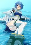  blue_eyes blue_hair cape epsilon_h foreshortening gloves highres mahou_shoujo_madoka_magica miki_sayaka outstretched_hand panties pantyshot ripples short_hair solo thighhighs underwear upskirt water wet wet_clothes 