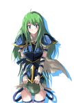  armor bad_id bad_pixiv_id blue_armor blue_eyes blush echizen_(hvcv) fire_emblem fire_emblem:_souen_no_kiseki green_hair headwear_removed helmet helmet_removed long_hair nephenee smile solo 