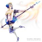  armor aura bare_shoulders bone boots breasts collar crown dress dress_shirt elbow_gloves feathers gloves gwendolyn hair_ornament long_hair odin_sphere polearm purple_eyes shirt solo spear strapless_dress thigh_boots thighhighs weapon white_hair wings 