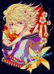  blonde_hair cherry_blossoms ivan_karelin jacket katana letterman_jacket male_focus mouth_hold origami paper_crane pinwheel purple_eyes purple_jacket solo svz_eliza sword tiger_&amp;_bunny weapon 