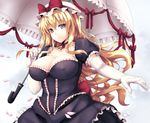  blonde_hair breasts cleavage elbow_gloves gloves highres large_breasts long_hair open_mouth petals purple_eyes red_ribbon ribbon satou_samu solo touhou umbrella white_gloves yakumo_yukari 