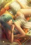  anklet arm_support barefoot bed_sheet blue_hair chain chessboard frilled_pillow frills jewelry long_hair lying meganeking naked_sheet nude original pillow solo 