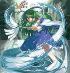  album_cover animal animal_on_head breasts cover fighting_stance frog gohei green_eyes green_hair hair_tubes kochiya_sanae large_breasts long_hair looking_at_viewer magic no_shoes ofuda on_head open_mouth skirt snake socks solo standing standing_on_liquid tabi takebi touhou transformation water whirlpool white_legwear 