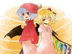  alternate_costume bad_id bad_pixiv_id blonde_hair bow comic dress flandre_scarlet hair_bow hammer_(sunset_beach) hat lavender_hair multiple_girls one_eye_closed open_mouth red_eyes remilia_scarlet short_hair siblings silent_comic sisters smile touhou wings 