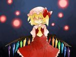  ascot bad_id bad_pixiv_id blonde_hair blouse bow comic dress flandre_scarlet frown hair_bow hair_over_eyes hammer_(sunset_beach) hat lights shaded_face short_hair side_ponytail silent_comic skirt solo touhou wings 