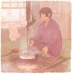  axis_powers_hetalia bad_id bad_pixiv_id black_hair border brown_eyes chopsticks cooking dog fading_border fire fish food hanging irori_(hearth) japan_(hetalia) japanese_clothes jizaikagi kimono ladle male_focus pochi_(hetalia) pon_(cielo) pot sitting skewer smile smoke solo steam window wood 