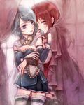  blue_eyes blue_hair cape curtains hands lips long_hair magical_girl mahou_shoujo_madoka_magica miki_sayaka multiple_girls red_eyes red_hair sakura_kyouko short_hair thighhighs yukishiro_(hitsuji) zettai_ryouiki 