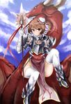  alternate_hair_color angel_(drag-on_dragoon) armor bad_id bad_pixiv_id brown_eyes brown_hair brown_rose bun_cover double_bun drag-on_dragoon drag-on_dragoon_1 dragon flower gomibuta_kuzutarou ibaraki_kasen no_panties polearm rose short_hair sitting solo thighhighs touhou weapon white_legwear 