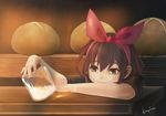  bad_id bad_pixiv_id bakery bangs bow bread brown_eyes brown_hair face food hair_bow highres jar kayei_nou kiki majo_no_takkyuubin sad shop short_hair signature solo table 