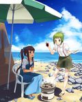  :q amanchu! beach beach_umbrella blue_eyes brown_hair chair clam cooking dress green_hair grill highres kohinata_hikari multiple_girls oitsuki_(getsumen_diver) ooki_futaba plate ponytail purple_hair rock sandals shade shichirin shorts sidelocks sitting soy_sauce suspenders tongs tongue tongue_out umbrella water yellow_eyes 