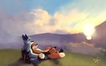  canine cloud clouds couple cuddle cuddling cute duo eyewear fox glasses high_place hill mammal mountain sky strange-fox sunset 