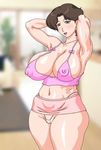  armpits arms_up blush bows breasts brown_eyes brown_hair cleavage curvy erect_nipples hips large_breasts mature midriff milf miniskirt open_mouth panties short_hair skirt solo standing tanktop thighs thong zensyuui 