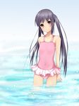  arms_behind_back ass_visible_through_thighs bangs barefoot blush casual_one-piece_swimsuit covered_navel feet flat_chest frilled_swimsuit frills grey_hair head_tilt k-on! kneeling long_hair looking_at_viewer nakano_azusa one-piece_swimsuit partially_submerged pink_eyes pink_swimsuit shiny shiny_hair skirt solo swimsuit tiptoes twintails very_long_hair water yuki_(sangeki5806) 