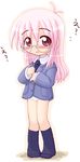  blush footwear glasses ikkyuu oekaki panties pink_hair school_uniform simple_background socks solo underwear 