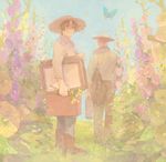  ahoge axis_powers_hetalia bad_id bad_pixiv_id blonde_hair boots briefcase brown_eyes brown_hair bug butterfly flower frame from_behind garden germany_(hetalia) grass hat hollyhock insect looking_at_viewer looking_back male_focus multiple_boys northern_italy_(hetalia) pale_color pants pon_(cielo) sky smile standing straw_hat 