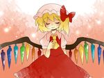  ascot bad_id bad_pixiv_id blonde_hair blouse bow closed_eyes comic flandre_scarlet hair_bow hammer_(sunset_beach) hand_on_own_chest hat short_hair side_ponytail silent_comic skirt smile solo touhou wings 
