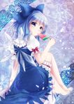  arm_support bad_id bad_pixiv_id bare_legs barefoot bloomers blue_eyes blue_hair cirno dress feet food from_behind glass_slipper high_heels highres ice ice_wings looking_back no_socks nunucco popsicle shoes short_hair sitting smile solo touhou transparent_footwear underwear watermelon_bar wings 