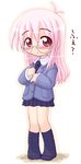  blush footwear glasses ikkyuu oekaki pink_hair school_uniform simple_background socks solo 