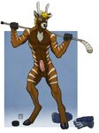  antlers balls biceps blue_eyes buck cervine chest_tuft deer divio erection fur hockey hockey_gloves hockey_puck hockey_stick hooves horn humanoid_penis male mammal muscles nude pecs penis pose reindeer solo stripes tsaiwolf tuft 