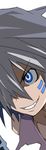  blue_eyes close-up disgaea disgaea_team_attack gig_(soul_cradle) grey_hair grin hair_over_one_eye harada_takehito highres makai_senki_disgaea_4 male_focus official_art simple_background sleeveless smile solo soul_cradle tattoo teeth 