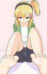  bare_legs barefoot bike_shorts blonde_hair ear_protection feet foreshortening green_eyes hangaku highres iris_(material_sniper) material_sniper pov_feet side_ponytail sitting sleeves_rolled_up soles solo tears toes 