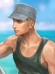  armpits axis_powers_hetalia blonde_hair blue_eyes cloud day germany_(hetalia) hat lotus_(elico) male_focus ocean outdoors profile realistic sky sleeveless solo tank_top water 