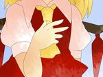  ascot bad_id bad_pixiv_id blonde_hair blouse comic flandre_scarlet hammer_(sunset_beach) hand_on_own_chest head_out_of_frame silent_comic solo touhou wings 