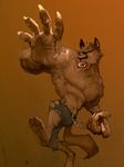  blue_eyes brown brown_background brown_fur canine fur male mammal muscles plain_background solo stigmata tattoo topless wolf 