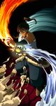  avatar:_the_last_airbender avatar_(series) blue-ten blue_eyes boots brown_hair dark_skin earth_(element) element_bending fire hair_tubes highres korra long_hair muscle ponytail rock solo the_legend_of_korra water wind 