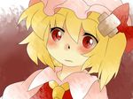  ascot bad_id bad_pixiv_id bandaid blonde_hair bow comic crossed_bandaids eye_reflection eyes flandre_scarlet frown hair_bow hammer_(sunset_beach) hat red_eyes reflection short_hair side_ponytail silent_comic solo touhou 