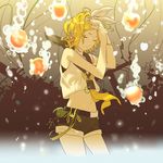  bad_id bad_pixiv_id bag bare_shoulders belt blonde_hair bow bubble face green_eyes hair_bow hair_ornament hairclip hands headphones highres kagamine_rin key midriff miyama_fugin nail_polish navel power_lines sailor_collar short_hair shorts sleeveless solo tears telephone_pole vocaloid 