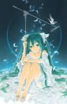  aqua_eyes aqua_hair bare_shoulders bird dress feathers hair_ribbon hatsune_miku long_hair microphone mou-s nail_polish open_toe_shoes ribbon sandals shoes sitting smile solo toenail_polish very_long_hair vocaloid 