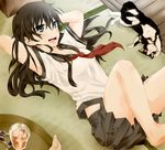  arms_up bad_id bad_pixiv_id bare_legs barefoot black_hair blue_eyes blush cat highres jukuo legs_up long_hair lying on_back open_mouth original school_uniform serafuku solo tatami tray 