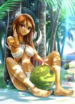  adjusting_hair anklet arrow bad_id bad_pixiv_id barefoot bikini bracelet breasts brown_hair coconut dappled_sunlight dark_skin dirty_feet facepaint feet food fruit hermit_crab jewelry loincloth long_hair looking_at_viewer mamoru_mikokoro medium_breasts navel necklace ocean original palm_tree quiver red_eyes sand shade sideboob sitting smile solo sunlight swimsuit tree tribal underboob water 