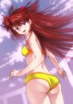  :d ass bikini blue_eyes blush_stickers cloud from_behind hair_ornament highres kobayashi_yuuji long_hair looking_back neon_genesis_evangelion open_mouth railing red_hair sky smile solo souryuu_asuka_langley strap_gap swimsuit 