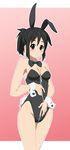  animal_ears bare_legs black_eyes black_hair bow bowtie bunny_ears bunny_tail bunnysuit detached_collar fukuoka_katsumi original ponytail short_hair solo tail wrist_cuffs zipper 